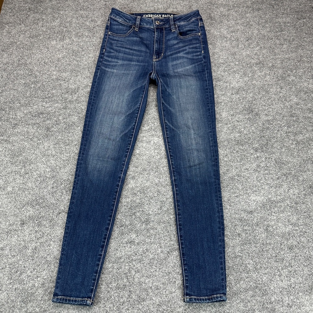 American Eagle Super Hi-Rise Jeggings 2R Dark Indigo Skinny Stretch Distressed